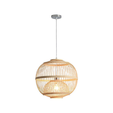 Nordic Bamboo Pendant Lamp - Wood Rounded Cage Suspension Light For Dining Room