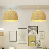 Modern Bamboo Hanging Lamp With Cloche Shape And Wood Fixture - Bedroom Ceiling Light