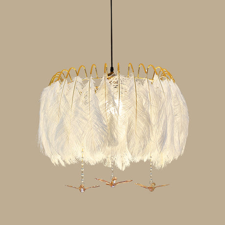 Feather Hanging Lamp: White Chandelier Light For Living Room / 19.5 With Crystal