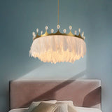 Minimalist Feather Crown Pendant Light - White Suspension With Crystal Deco