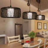 1-Light Restaurant Hanging Bamboo Drum Pendant Lamp 16’’/23.5’’ Wide Black Shade Fixture