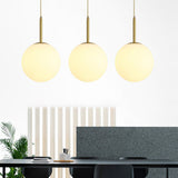 Minimalistic 3-Bulb Gold Pendant Light For Dining Room - Opal Glass Sphere Design