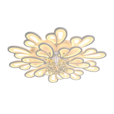 White Flower Flush Ceiling Light - Led Acrylic Lamp With Crystal Ball