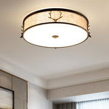 Nordic Style Ceiling Flush Light With Decorative Antler Design For Foyer - Fabric Drum