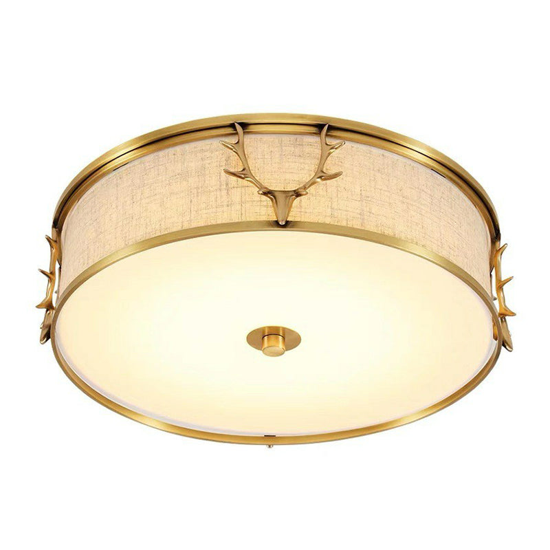 Nordic Style Ceiling Flush Light With Decorative Antler Design For Foyer - Fabric Drum