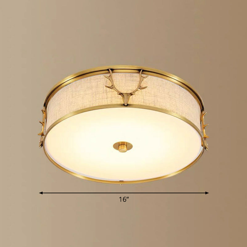 Nordic Style Ceiling Flush Light With Decorative Antler Design For Foyer - Fabric Drum Brass / 16