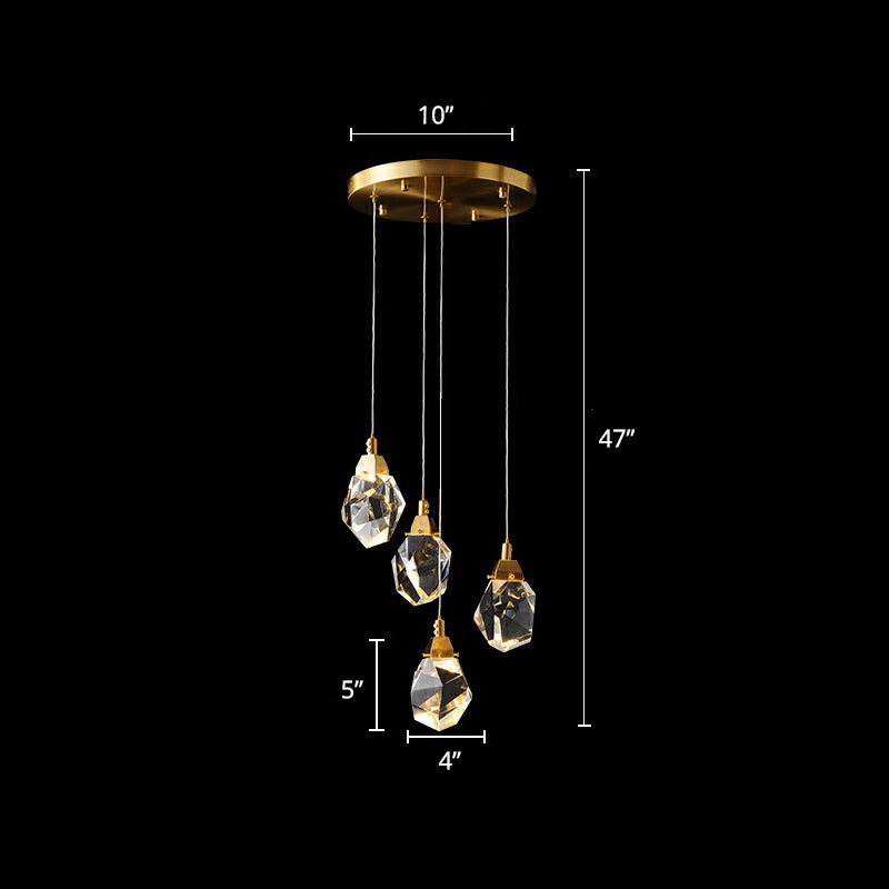Minimalist Brass Led Cluster Pendant Light For Staircase With Crystal Gem Detail 4 /