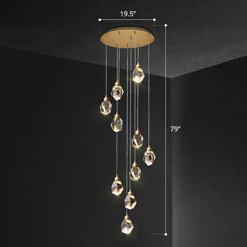 Minimalistic Crystal Gemstone Hanging Multi Pendant Ceiling Light For Staircase - Clear Faceted 10 /