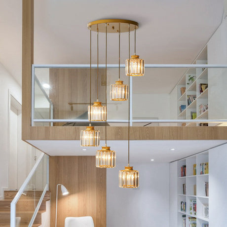 Prismatic Crystal Pendant Chandelier With Postmodern Cylindrical Design - Ideal For Stairways