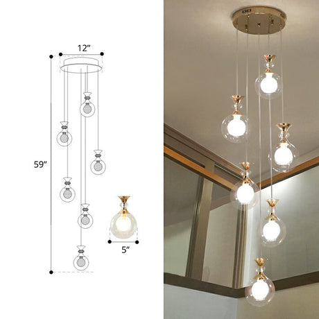 Gold Multi-Light Ceiling Lamp With Clear And Frosted Glass Ball Shades - Minimalistic Pendant For