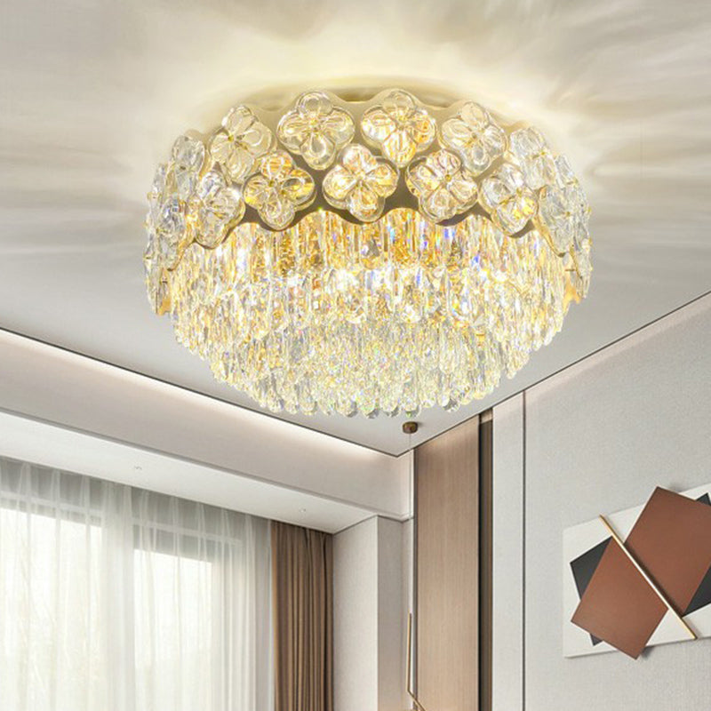 Opulent Crystal Drum Shaped 3-Light Ceiling Light For Bedrooms - Minimalist Clear Flush Mount / 19.5