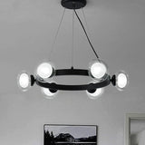 Contemporary Clear Glass Chandelier With Circle Ring Design - Led Lights Black Finish 6 /