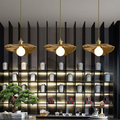 Lotus Leaf Pendant Lamp - Postmodern Hammered Metal 1-Light Brown