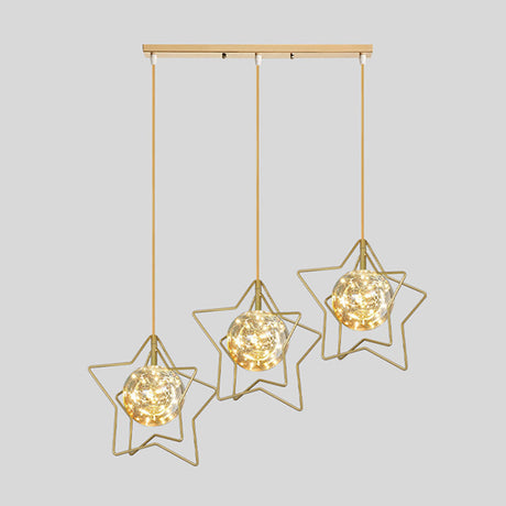Gold Star And Ball Cluster Pendant - 3 Heads Clear Glass Led Hanging Light For Restaurants