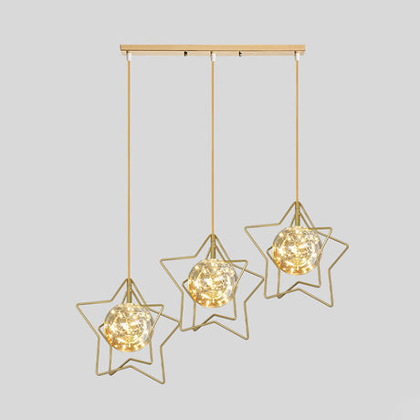 Gold Star And Ball Cluster Pendant - 3 Heads Clear Glass Led Hanging Light For Restaurants