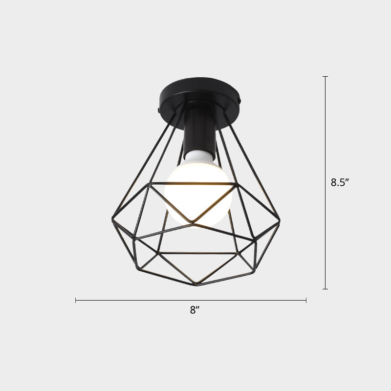 Industrial Metal Flush Ceiling Light Fixture - Cage Style Small Aisle 1 Head Black Flushmount