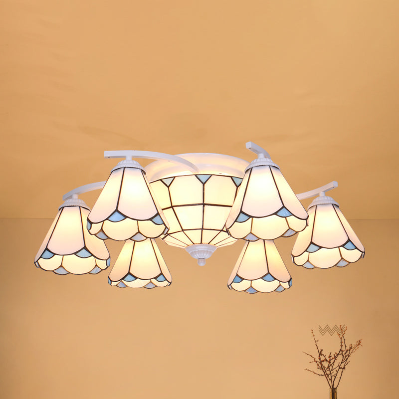 Mediterranean Glass Semi Flush Mount Light With Scalloped Edge Close To Ceiling Fixture 9 / White