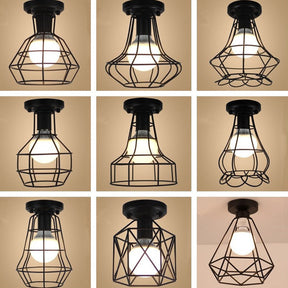 Industrial Cage Metal Ceiling Light In Black - Single - Bulb Semi Flush Fixture Ideal For Corridor