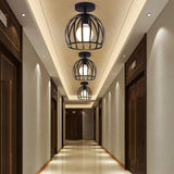 Industrial Cage Metal Ceiling Light In Black - Single - Bulb Semi Flush Fixture Ideal For Corridor