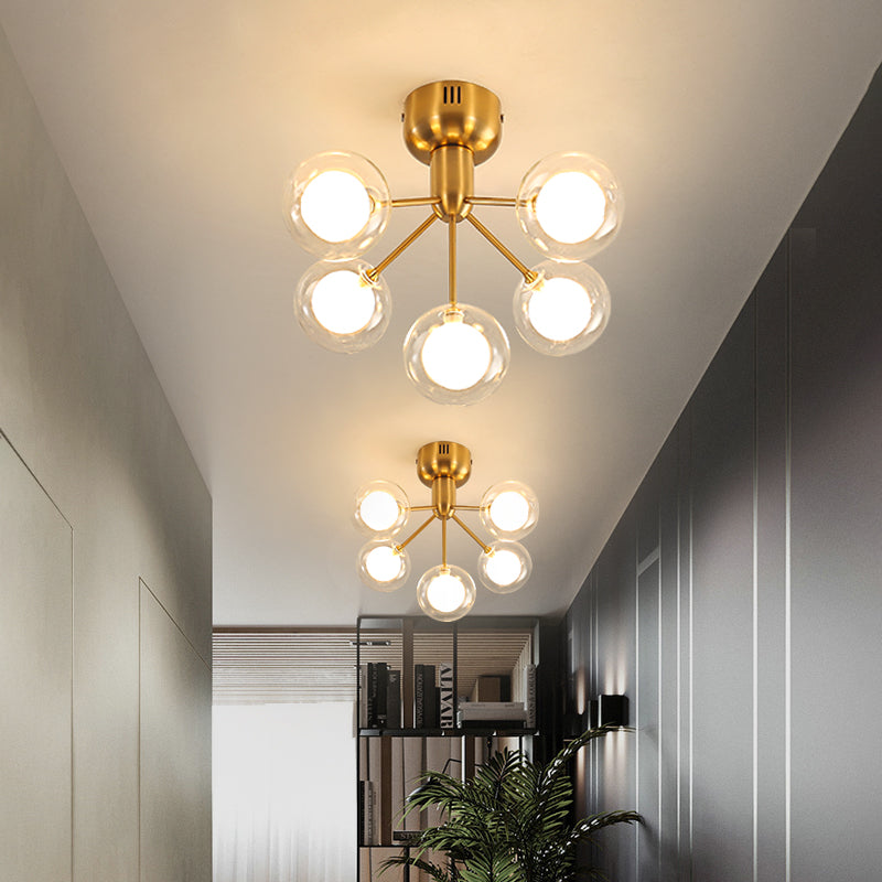 Minimalistic 5-Head Clear And Frosted Glass Molecule Ceiling Fixture For Corridor Lighting