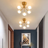 Minimalistic 5-Head Clear And Frosted Glass Molecule Ceiling Fixture For Corridor Lighting Gold
