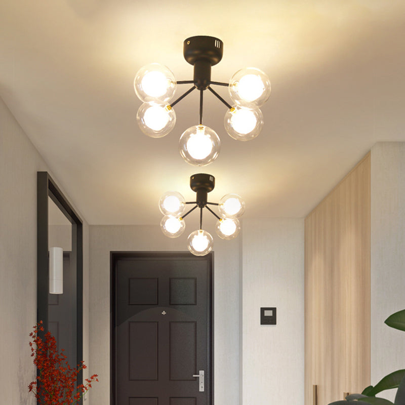 Minimalistic 5-Head Clear And Frosted Glass Molecule Ceiling Fixture For Corridor Lighting Black