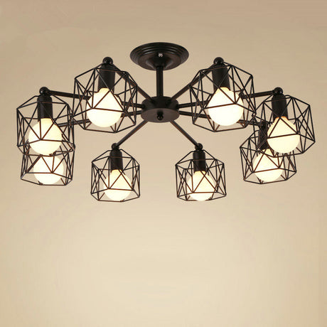Vintage Hexagon Cage Ceiling Light For Living Room - Metal Wire Black Chandelier 8 /