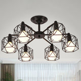 Vintage Hexagon Cage Ceiling Light For Living Room - Metal Wire Black Chandelier