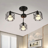 Vintage Hexagon Cage Ceiling Light For Living Room - Metal Wire Black Chandelier 3 /