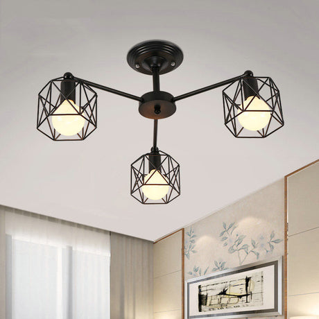 Vintage Hexagon Cage Ceiling Light For Living Room - Metal Wire Black Chandelier 3 /