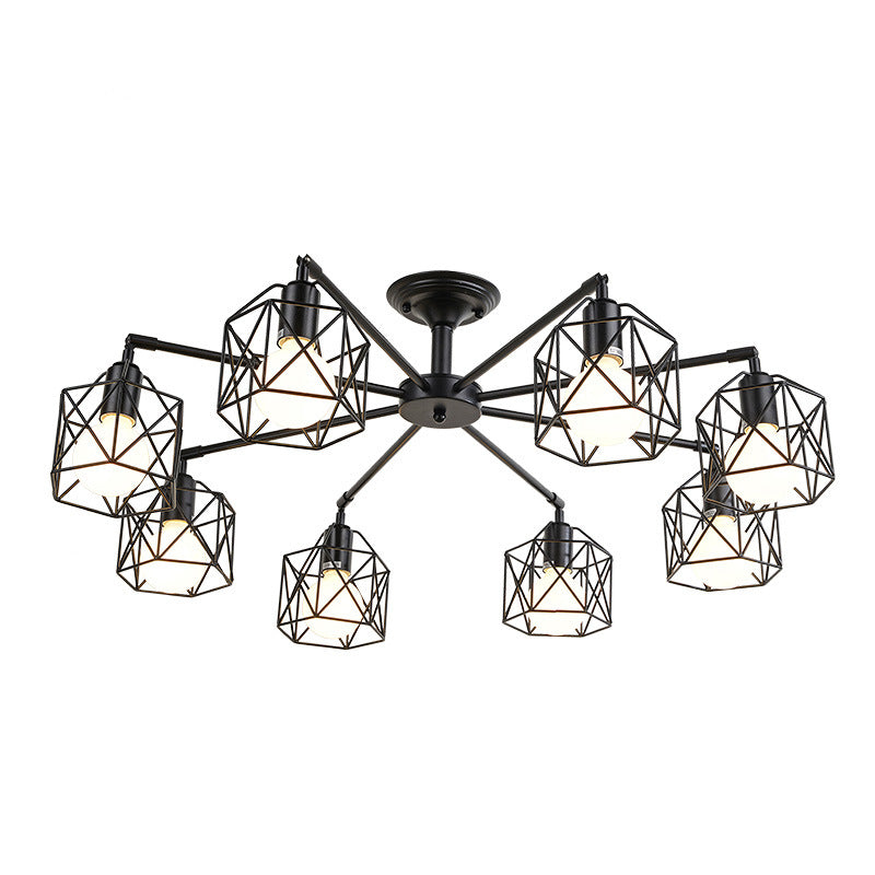 Vintage Hexagon Cage Ceiling Light For Living Room - Metal Wire Black Chandelier