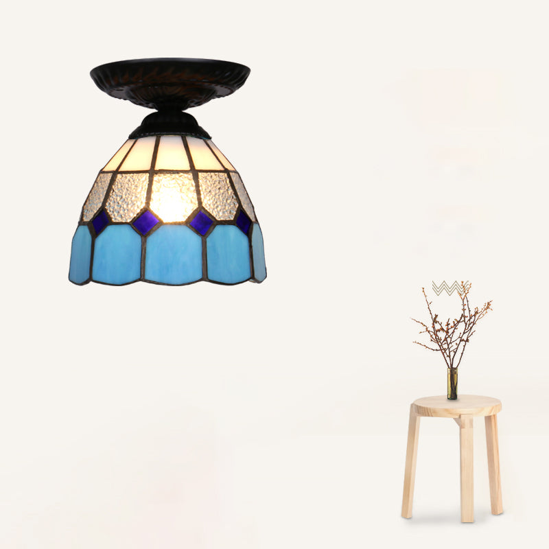 Vintage Handcrafted Stained Glass Ceiling Light With Single Flower Design For Aisle Black / Blue