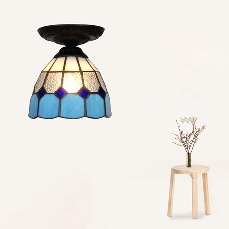 Vintage Handcrafted Stained Glass Ceiling Light With Single Flower Design For Aisle Black / Blue