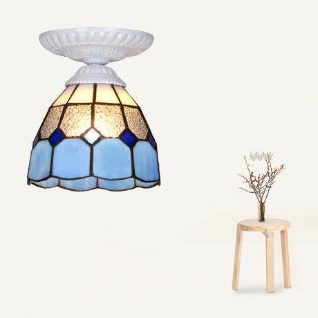 Vintage Handcrafted Stained Glass Ceiling Light With Single Flower Design For Aisle White / Blue