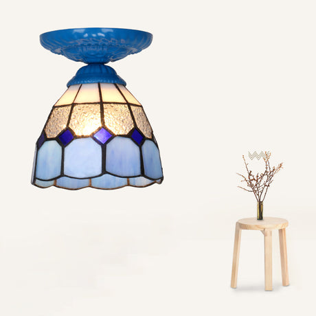 Vintage Handcrafted Stained Glass Ceiling Light With Single Flower Design For Aisle Blue /