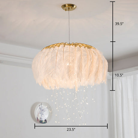 Nordic Feather Bedroom Ceiling Pendant Light: Round Chandelier With Firefly Led String