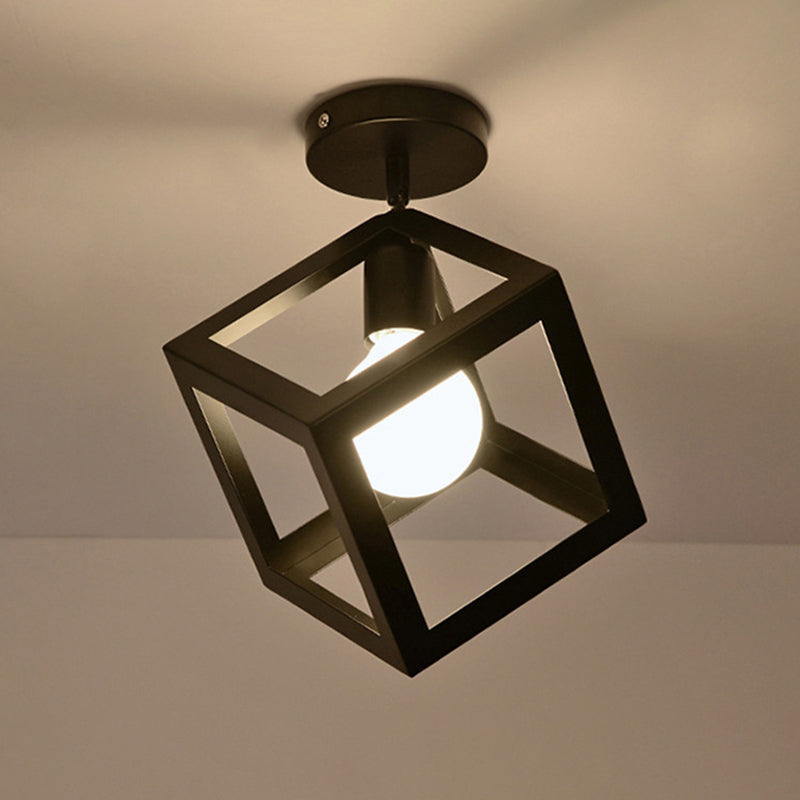 Iron Caged Flush Mount Ceiling Lamp - Industrial Style With 1-Bulb Black / Square