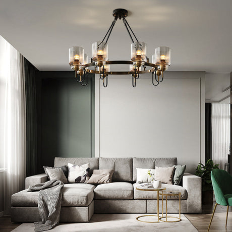 Vintage Ribbed Glass Chandelier For Dining Room - Cylindrical Suspension Lamp In Black 8 /