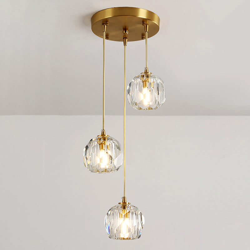 Simplicity Brass Finish Multi Pendant Ceiling Light With Beveled K9 Crystal Suspension