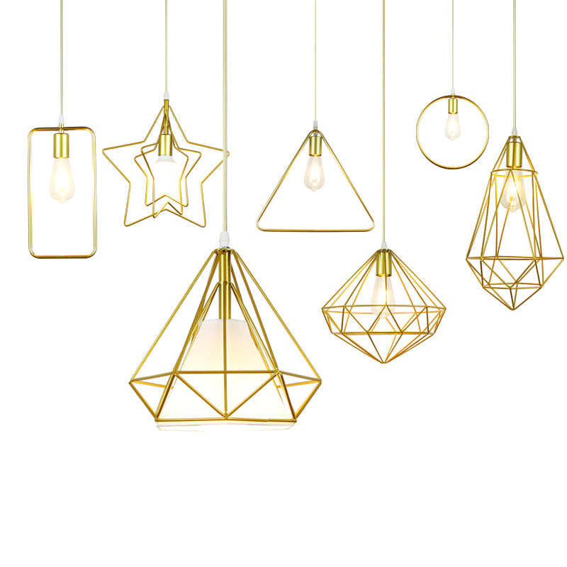 Gold Metal Cage Pendant Ceiling Light - Nordic Design 1 Bulb Dining Room Suspension