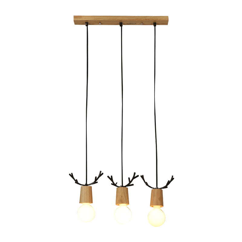 Nordic Antler Wood Pendant Light With 3 Hanging Bulbs - Ideal For Restaurants / Linear