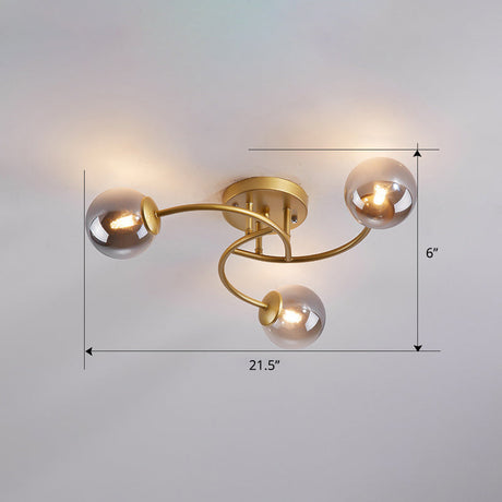 Modern Swirled Metal Semi Flush Ceiling Light With Glass Ball Shade
