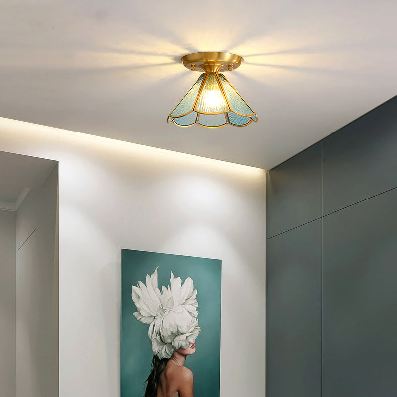 Tiffany Floral Semi-Mount 1-Light Ceiling Flush Light In Brass Perfect For Hallway Décor