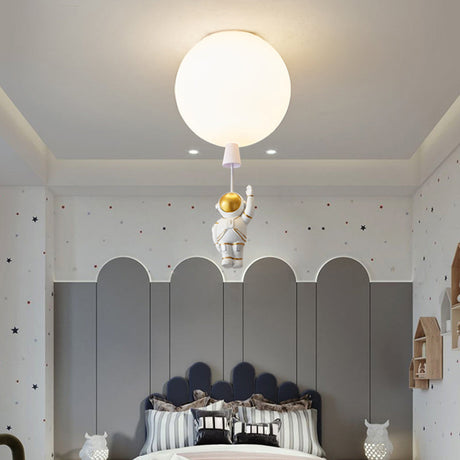 Kids Astronaut And Balloon Ceiling Light White 1-Bulb Flush Mount With Acrylic Shade / 8 Standing