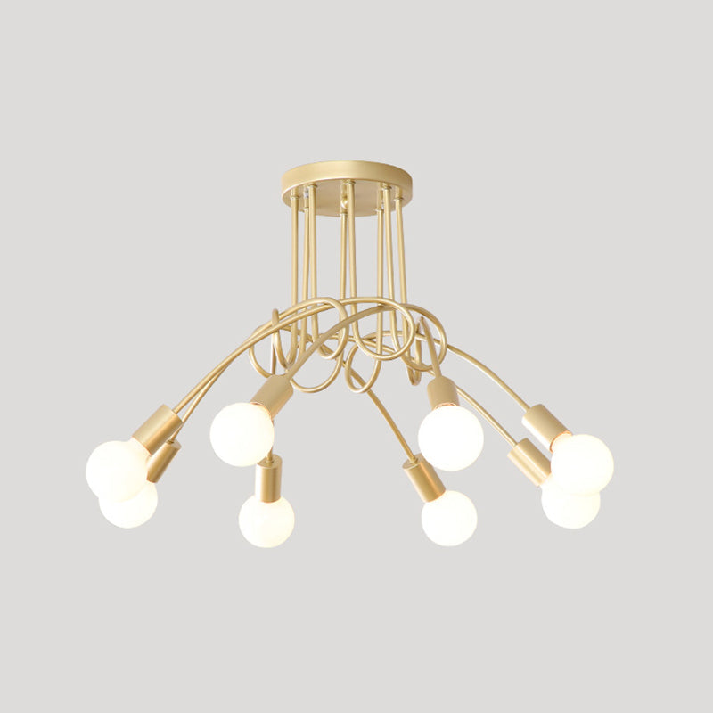Loft Style Metal Flush Chandelier With Open Bulb Design For Bedroom Ceiling 8 / Gold