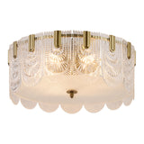 Clear Textured Glass Drum Ceiling Light With Scalloped Edge - Contemporary Flush Mount Fixture