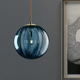 Modern Blue/Purple/Smoky Ribbed Glass Sphere Pendant Light - Led Hanging Ceiling Lamp For Bedroom