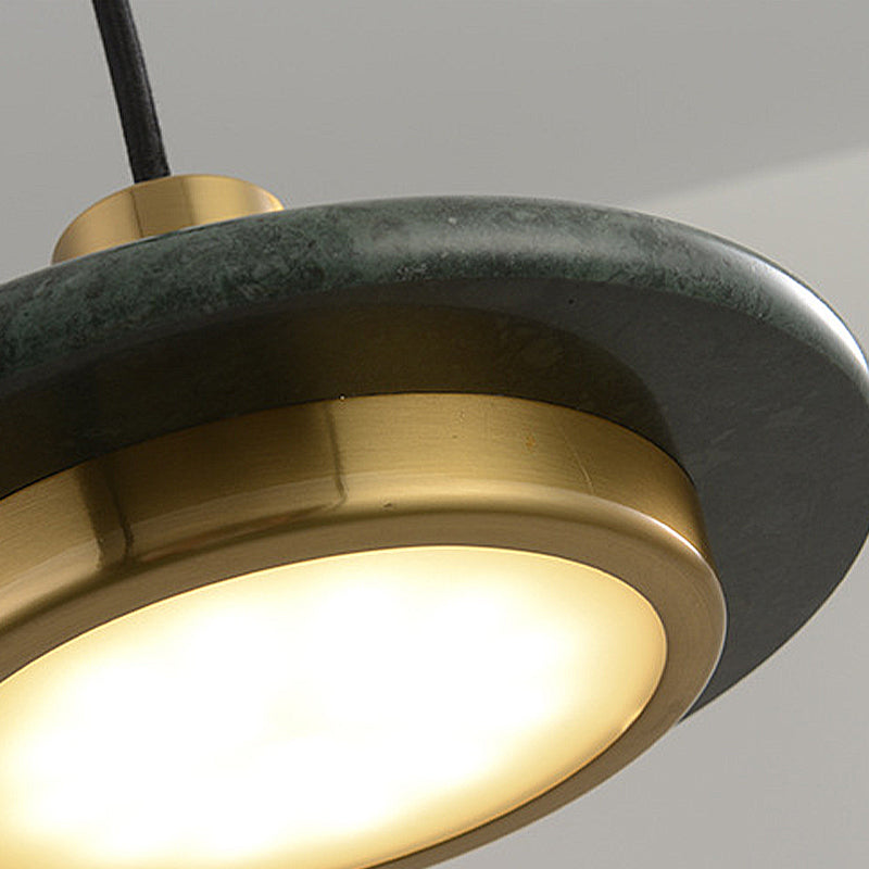 Modern Round Metal Pendant Light With Marble Ring - 1 White/Black/Green