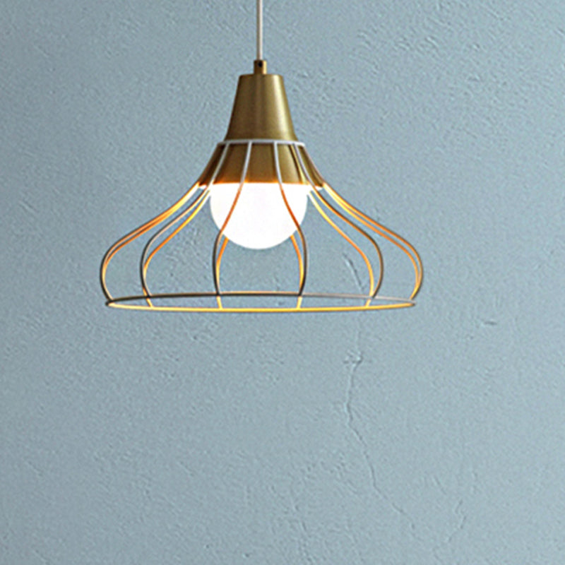 Modern Metal Cone Pendant Lighting - 1 Light Hanging Lamp With Wire-Cage Shade (9/13 Wide) White /