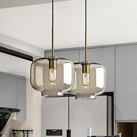 Contemporary Brass Pendant Light With Clear Glass Shade - Oval/Drum/Cylinder 1-Light 7/10/11 Wide